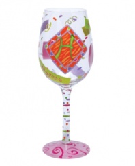 Confetti, streamers and words starting with your initial of choice make Lolita's hand-painted Love My Letter H wine glass a must for Hannah, Heather and Hailey. With a signature drink recipe on its base.