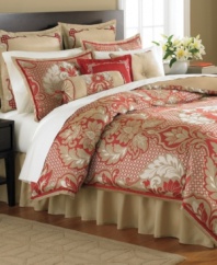 The royal treatment. A bold pattern of flourishes and leaves in a red and gold palette embellishes this Empire Court comforter set from Martha Stewart Collection. Comes complete with shams, bedskirt and three decorative pillows to turn your bedroom into a majestic palace.