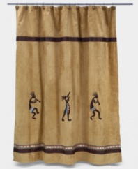 Revered by Native Americans, Kokopelli gives your bathroom an authentically Southwestern vibe. The dancing deity sways and steps across this sand-colored shower curtain. With an ultra-soft, faux suede texture.