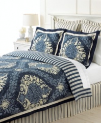 Refresh, renew, relax! Offering a fresh twist on traditional style, Martha Stewart Collection's Indigo Damask comforter set blends a floral damask pattern with tailored stripes for a look that ultimately inviting.