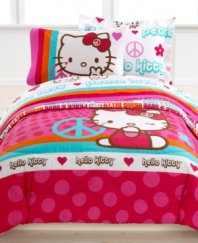 Peace. Love. Hello Kitty. Featuring 60's-inspired type and cute heart, peace sign, flower and Hello Kitty graphics, this Peace Kitty sheet set is totally groovy.