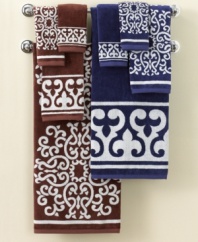 Step out of the shower and into the Mediterranean with soft cotton bath towels from Bianca. Mix hand towels covered in bold medallions with those framed in equally inspired graphics. Bright white adds striking contrast to navy and cocoa hues.