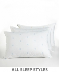 Stomach sleepers can now rest softly and soundly on this pillow. Made of the softest 100% cotton and filled with cozy yet firm Fiberfill, this pillow has a blue Ralph Lauren logo.
