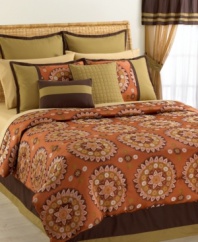 Spice up your room with the warm tones and captivating patterns of the Aztec Medallion room in a bag. This complete set boasts an intricate jacquard comforter and shams along with everything you need for an instant room makeover... including coordinating window treatments, decorative pillows, European shams and more! (Clearance)
