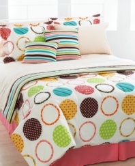 Prints charming. Featuring patterned circles and bold stripes, the Lalla reversible comforter set lets your creativity take center stage – just mix and match the reversible comforter, shams, sheeting and decorative pillows for countless fresh new looks! Sheeting features a diamond print on one side and a geo floral motif on the other. (Clearance)
