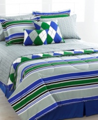 Patterns of argyle and stripes pack a preppy punch with the Kent reversible comforter set. The geometric printed sheeting, comforter, shams and even decorative pillows each reverse to create a multitude of fresh, exciting looks. A palette of green, blue, gray and white grounds the look with playful distinction. (Clearance)