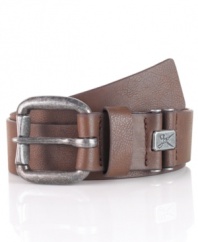 Tie your casual look together with this leather logo belt from Marc Ecko.