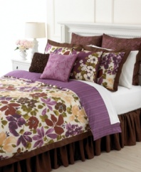 An oasis of color and comfort are waiting to be explored in Martha Stewart Collection's Paradiso comforter set. Tropical flowers bloom in happy shades of plum, scarlet and blush, while ornate, ribbon-accented European shams and a pleated bedskirt complete the look with pure elegance.