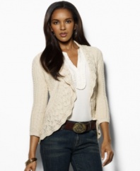 Elegantly accented with delicate scalloped pointelle trim that channels vintage romance, Lauren Jeans Co.'s open-front Velika cardigan is crafted in a heritage aran knit with a chic shawl collar for versatile style.