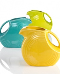 Perhaps the name Fiesta was chosen in 1936 because the famous collection comes in nine festive colors. The collection's solid colors all coordinate with one another, so feel free to mix and match this large disk pitcher. After all, what's a fiesta without mixing it up a bit?