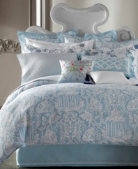 Chinoiserie with a modern appeal, the La Dauphine duvet cover from Court of Versailles boasts a print of perfume bottles, fans and birdcages in a harmonious palette of blue and white.