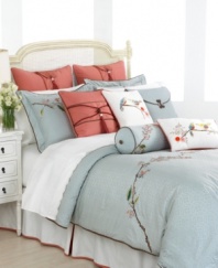 Taking inspiration from the delightful china pattern, the Chirp comforter set from Lenox charms your room with pops of color and whimsical birds. Embroidered cherry blossom branches embellish a soft blue jacquard for a refreshingly stylish appeal.