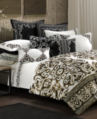 Take a journey with this Silk Road comforter set from N Natori, offering a beautiful flower print that is reminiscent of the ancient East. The dramatic black, white and gold palette gives this set a modern twist.