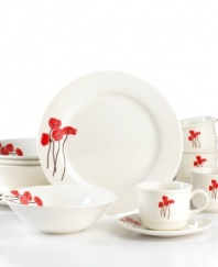 Casual whiteware blossoms with pops of fiery red in the pretty Sicilia dinnerware set from Corona. Glossy white plates, bowls and other essentials are doubly fresh in versatile, dishwasher-safe earthenware.