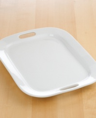 Get a handle on easy tabletop elegance with this refreshingly simple handled platter. A soft rounded rectangular shape makes this versatile piece perfect for serving anything from sliced meats and veggies to appetizers.