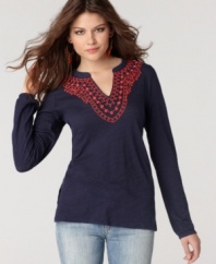 Crafted from so-soft cotton and featuring artisan-inspired embroidery, this Lucky Brand Jeans top is anything but basic. Pair it with flats and flares for breezy, bohemian style! (Clearance)