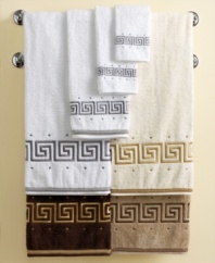 Strong design and durable Egyptian cotton ensure this Athena hand towel has a serious impact on your bath. Traditional Greek key patterns embroidered in metallic hues match braided trim, adding a luxurious touch to neutral colorways.