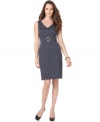 Tahari by ASL crafts a classic-this crisp V-neck sheath outfitted with polka dots aplenty. A goldtone buckle and pleated band at the waist have a contouring effect!