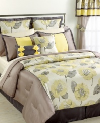 Update your room in a splash of style with this Peony comforter set, featuring a printed pattern of peonies with a lustrous sheen. A soft, yellow, gray and tan colorway and whimsical accents shape all the components you need for an effortless refresh.