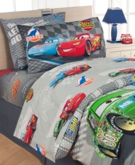 Rev up your room! Bold racing graphics and starring characters of the hit Disney Cars movie zoom across this playful sheeting in a soft, 200 thread count. Pillowcases feature an image of the character Lighting McQueen with the dynamic phrase the challenge is on.