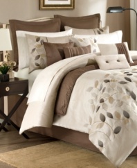 Serene dream. Flowing leaves are beautifully embroidered on a lustrous ground in this Serene comforter set, featuring a warm palette of brown and tan tones that soothe the soul. The quilted coverlet draws in a layer of dimension while shams and five decorative pillows complete the look.
