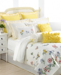 Sculpted of pure cotton, this decorative pillow from Lenox features embroidered scalloped hems in daffodil yellow over white. Darling yellow ribbon ties on each side serve to enhance the Flowering Meadow bedding collection.