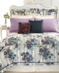 Chinoiserie with a modern appeal, the Belle De Jour European sham from Court of Versailles boasts a layered print of wild florals, scrolling paisley and stripes in a timeless palette of blue, purple and cream.