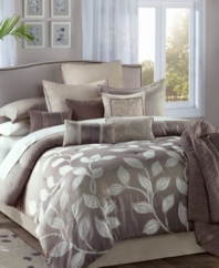 Neutral territory. Tones of mauve, gray and creamy beige work together for a look that's nothing less than sophisticated in the Angelica comforter set. This comprehensive set brings a decorator's touch to your room with its jacquard comforter in a modern leaf design, coordinating decorative pillows and cozy quilt.