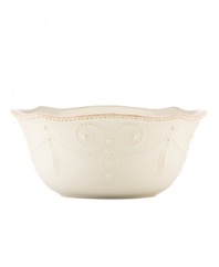 With fanciful beading and a feminine edge, this bowl from the Lenox French Perle white dinnerware collection has an irresistibly old-fashioned sensibility. Hard-wearing stoneware is dishwasher safe and, in a soft white hue with antiqued trim, a graceful addition to every meal. Qualifies for Rebate