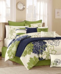 A pattern of oversized dahlias make a bold statement in this Lola comforter set, featuring a bright green and navy palette and complementary quilted accents for relaxing texture. Five distinctive decorative pillows offer added style for a completely contemporary look.