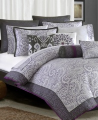 The Marrakesh comforter set from Echo translates this traditional Moroccan-inspired look for the modern bedroom. A white Damask pattern creates a soft focal point over lavender while a slate gray print borders the duvet cover and sham with alluring precision. Comforter and shams reverse to a subtle gray Damask for a unique design alternative.