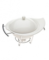 The Natura warmer from Godinger's collection of serveware and serving dishes combines a covered porcelain bowl and chrome rack, ensuring your table is beautiful but protected. Handles make transporting meals easy; tealight candles keep it warm.