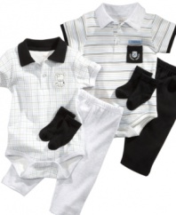 Prep him with style early in this bodysuit, pant and socks set from Bon Bebe.