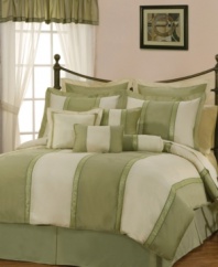 The Simsbury room in a bag presents a lovely large stripe design in contrasting sage and ivory. A detailed ribbon with printed scrolling leaf patterns edges each piece with an elegant finishing touch. With added window sheers and a pleated bedskirt, the Simsbury design refreshes any bedroom with classic style. (Clearance)
