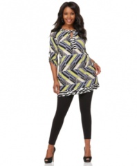 Brighten up your leggings with Alfani's three-quarter sleeve plus size tunic top, flaunting a vivid print.