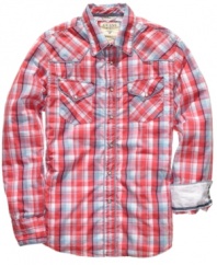 Lasso some serious western-inspired style with this plaid woven shirt from Guess.