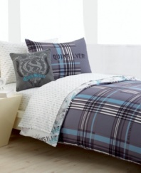 Cool comfort. Shades of gray, black and blue combine for a laid-back look with an urban edge, two ways! The reversible duvet cover and shams feature a modern plaid pattern on one side and a graphic print on the reverse, both accented with the Quiksilver name.