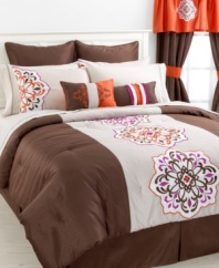 A modern twist on classic floral designs, the Aveline comforter set boasts bold, flourishing medallion emblems in a chic purple, brown and white colorway. Shams, decorative pillows and window treatments offer bright pops of orange. Comes complete with all the components you need for an inspired, new look in your bedroom.