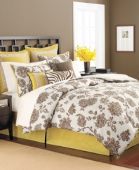A bed of roses. Martha Stewart Collection offers a beautiful look for the bedroom with this Rose Charmont comforter set, featuring a bold floral and leaf design in a brown and white colorway. The European shams, bedskirt and decorative pillows bring complementary designs and bright bursts of color to the set.