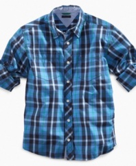 Plaid for the win! He'll look relaxed yet stylish in this button-down Tommy Hilfiger plaid shirt.