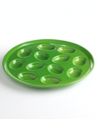 Fantastic for any casual get-together, the Fiesta egg plate comes in fun mix-and-match colors to lend your home an air of celebration. In lead-free china, this dish stands up to dishwasher, oven and microwave use.