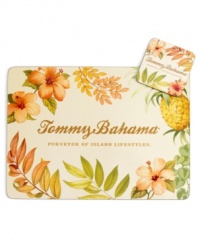 The living's easy with Tommy Bahama's Tropical Borders drink coasters. Hibiscus blossoms, lush ferns, and golden pineapples are just calling for a glass of cold beer or pina colada. An easy-clean surface on a sturdy cork back makes clearing the table a breeze.