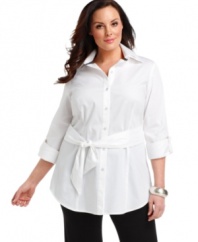 For chic day-to-play style, Jones New York Signature's long sleeve plus size shirt is a must-buy-- dress it up with trousers or down with denim!