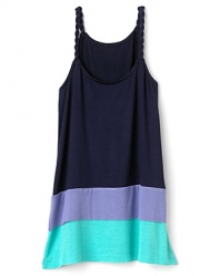 A chic tunic from Ella Moss Girl featuring thin rope shoulder straps and 2 colorful contrast stripe layers at the bottom.