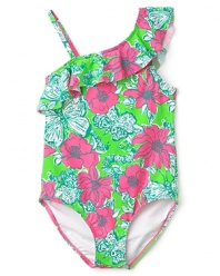 Lush with floral jungle print, this off-the-shoulder swimsuit from Lilly Pulitzer makes the most of her days in the sun.