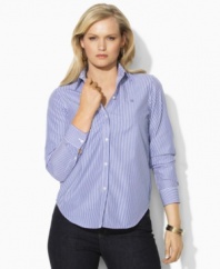 Plus size fashion with classic appeal. This timeless Aaron shirt from Lauren by Ralph Lauren's collection of plus size clothes features slim stripes and is rendered in smooth wrinkle-resistant cotton for easy style.