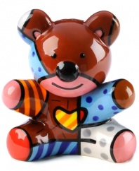 A hit at the kids' table and a work of art grownups can appreciate too, Bear salt and pepper shakers are shaped by the vivid colors and patterns of pop artist Romero Britto. Head and body serve as two separate shakers.