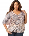 Flaunt a bohemian look with INC's short sleeve plus size top, highlighted by a striking print and studded front.