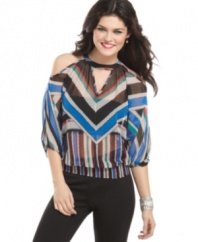 Get graphic in this top from Rampage that mixes hot shoulder cutouts with the boldest of stripes!