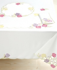Spring is in the air and at your table with breezy Tulip Dance linens. Embroidered florals, delicate cutwork and scalloped edges shape Homewear's durable white tablecloth for this season and next.